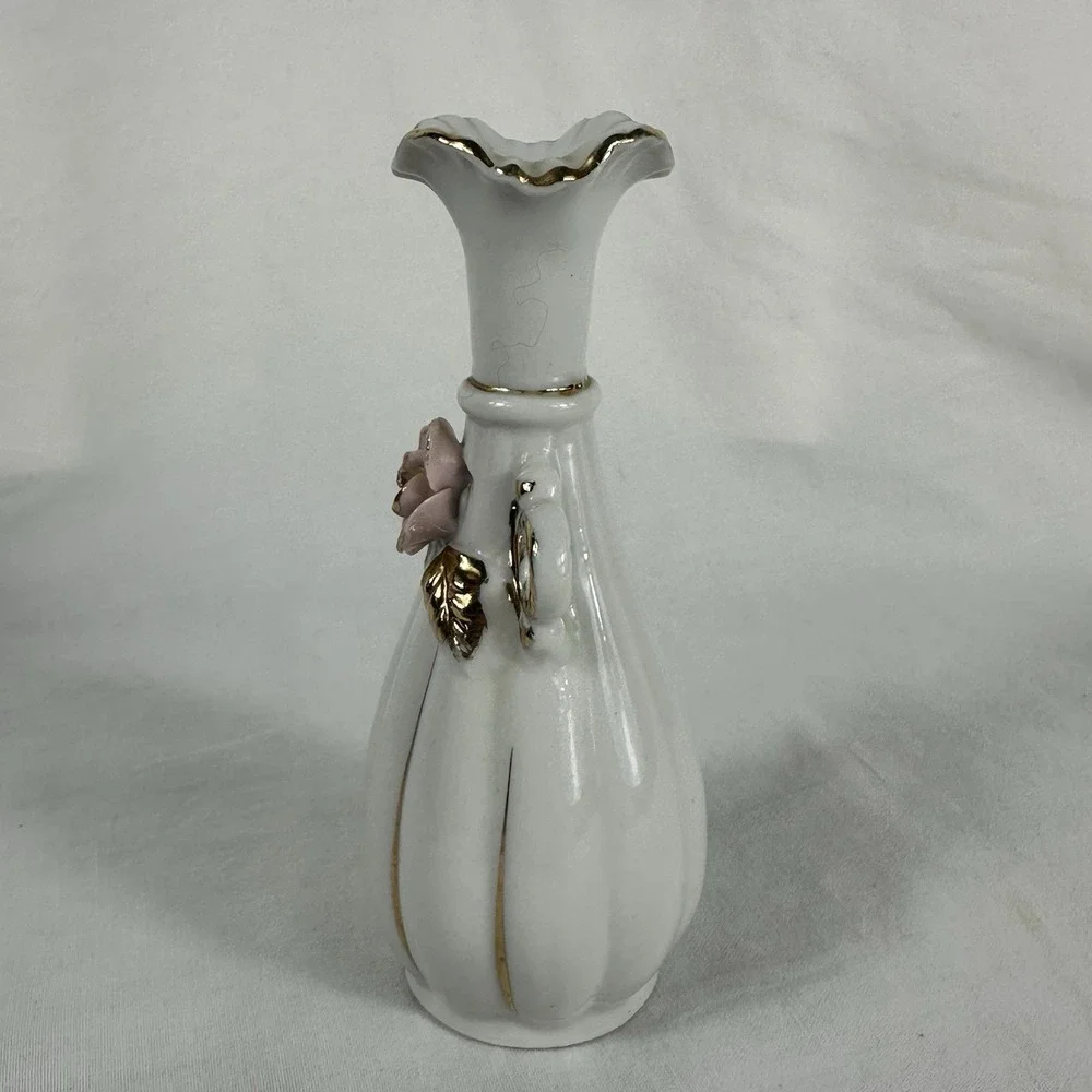 Vintage Pair Miniature Porcelain Bud Vases Pink Applied Roses Gold Trim 5